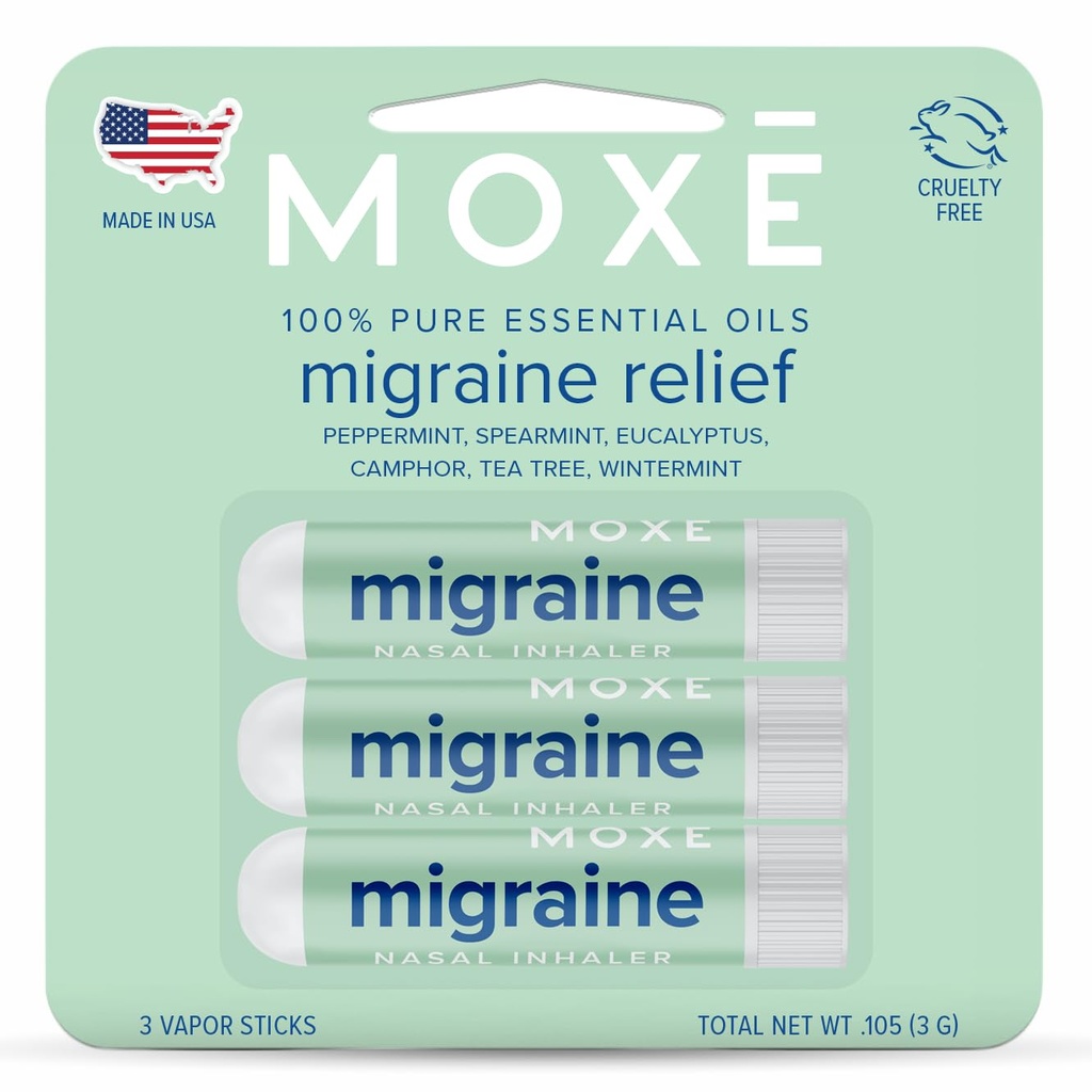 MOXE Migraine Relief Nasal Inhalers, Essential Oils for Headaches & Tension Relief, Portable Aromatherapy, Easy-to-Use, Pure & Undiluted, Peppermint, Spearmint, Eucalyptus, Tea Tree, USA Made, 3 Pack