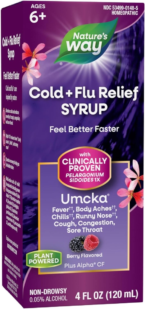 Nature 's Way Cold + Flu Relief Syrup, Umcka, Feber *, Sore Throat, Hough, Congestion, Body Aches *, Homøopatisk, Phenylephrine Gratis, 0,05% Alkohol, Berry Flavored, 4 Fl Oz (Packaging May Vary)