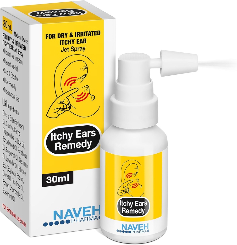NAVEH PHARMA® Itchy Ears Remedy: Ear Cleaning and Itch Relief | Tratta tutte le cause di Ear Itchiness | Jet Ear Spray per Eczema Trattamento e Clogged Ear Relief | Ear Wax Remover & Ear Wash (1 Fl Oz)