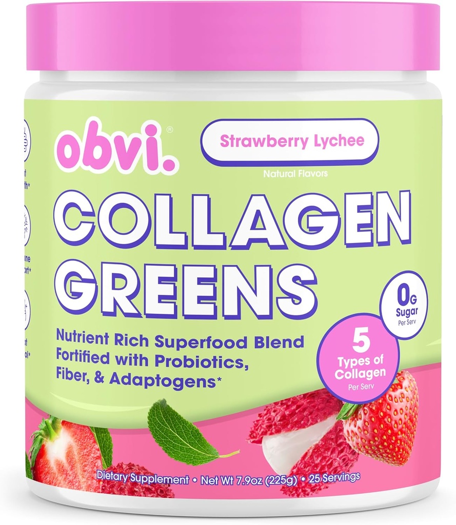 Obvi Collagen Greens , Organic Greens Superfood Powder with Collagen Peptides , Probiotics for Gut Health, Skin, Hair, Nails , Gluten-Free, Zero Sugar , Strawberry Lychee Flavor, 25 Servings