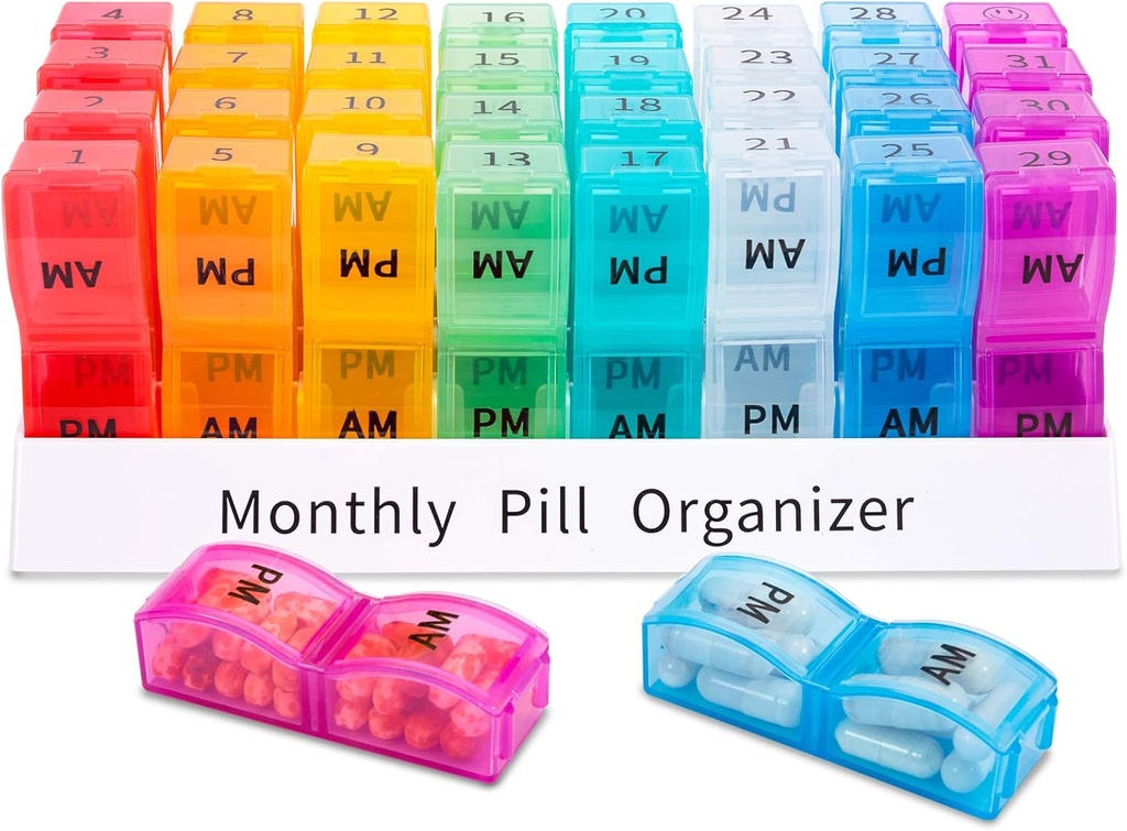 Asprink Monthly Pill Organizer 2 razy dziennie, 30 dzień jeden miesiąc Pill Box AM PM, 31 Pill Case Day Small Comports to Hold Vitamin, Travel Medicine Organizer, 31 Pill Organizer Dwa razy dziennie