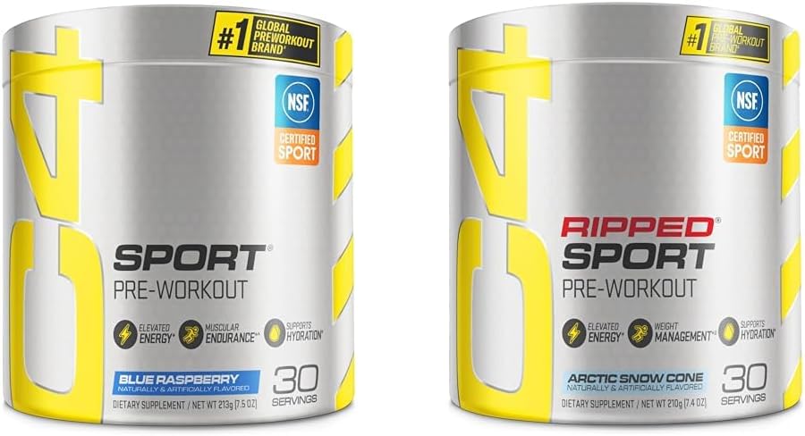 Cellucor C4 Sport Pre тренировка на прах Blue Raspberry за спорт 30 Servings & C4 Ripped Sport Pre тренировка на прах Arctic Snow Cone - NSF Certified for Sport + Sugar Free Preworkout Енергийна добавка