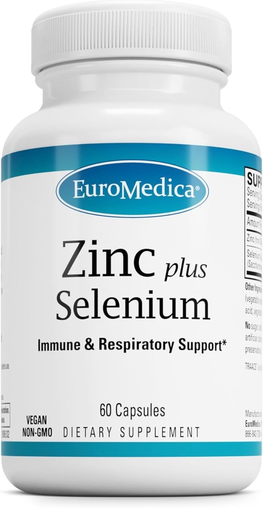 EuroMedica Zinc Plus Selenium - Immune & Respiratory Health Support gehigarria - Zinc Bisglycinate Chelate-rekin mineral gehigarria - Zeluletako Osasunerako Selenioa duen formula - 60 kapsula