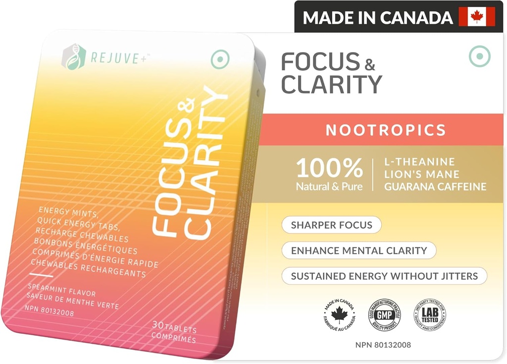 Focus & Clarity Nootropic Supplement - Brian Boost | L-Theanine, Caffeine, Lion's Mane, Magnesium, Vitamin B6 & B12 | Brain Support, Memory, Focus & Energy | Mint Flavor (30 Chewables) (1)
