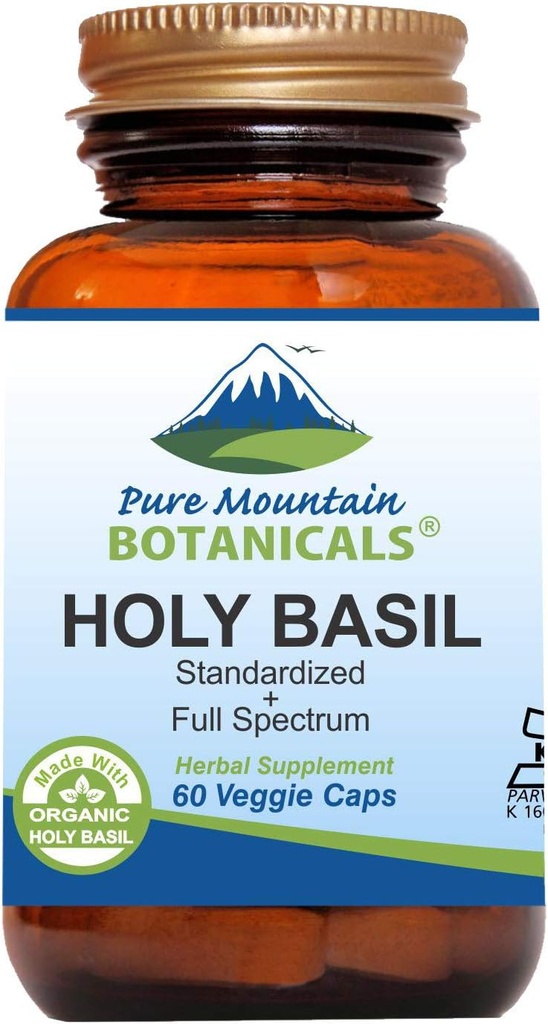 Pure Mountain Botanicals Holy Basil Capsules - Kosher Vegan Caps con 450mg Organic Holy Basil Tulsi & Holy Basil Extract from India
