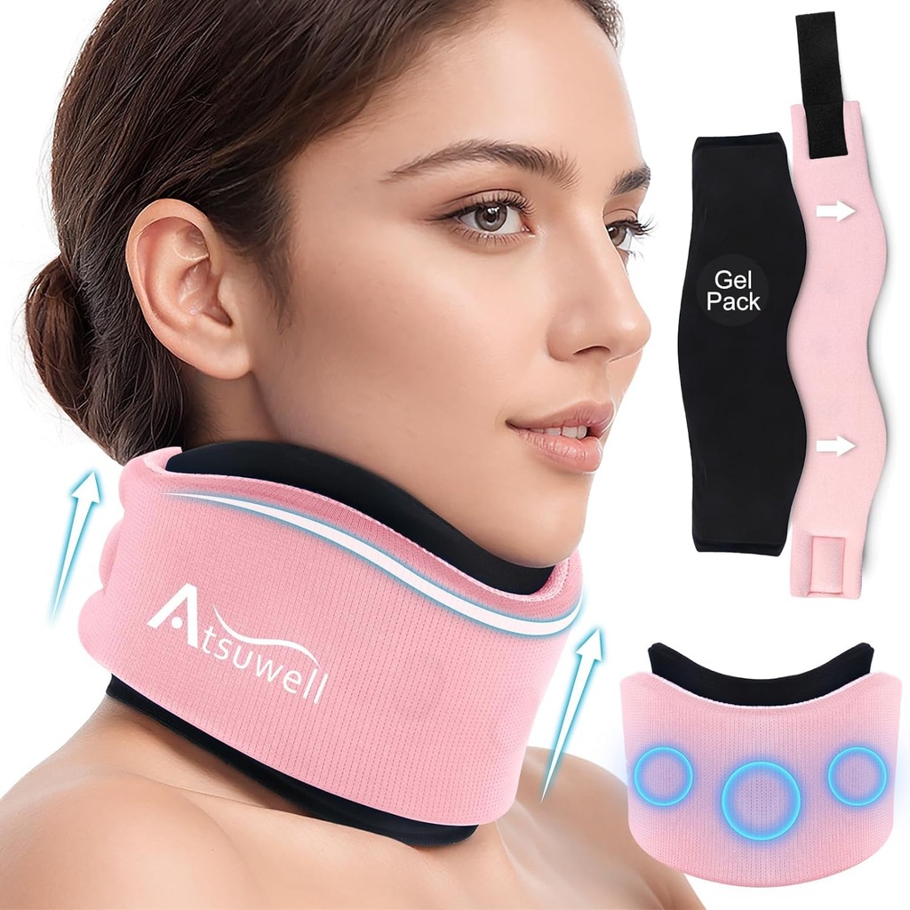 Atsuwell Soft Neck Brace Cervical, Coolable Neck Support Brace with Removable Gel Pack, Reusable Ice Wrap עבור תיקון פוסטאור, שינה, ורוד