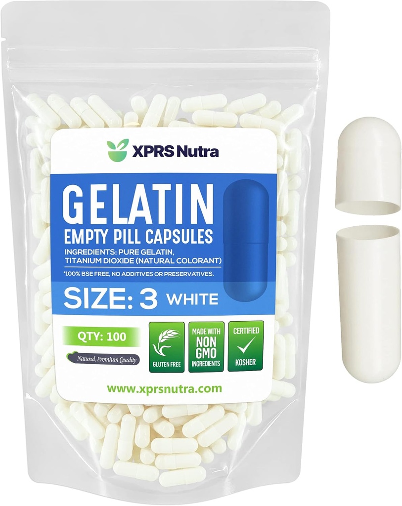 XPRS Nutra Boyutu 3 Boş Kapsüller - 100 Kont Boş Gelatin Capsules - Pills DIY Capsule - Pure Bovine Pill Gel Caps Fillable Do-It- Yourself Vitamins and Supplements (Beyaz)