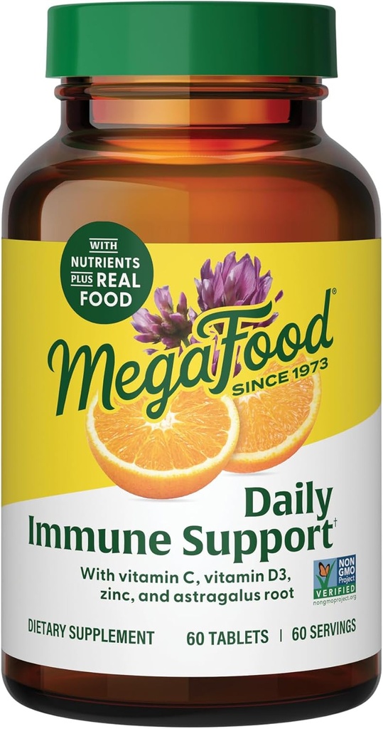MegaFood Daily Immune Support - Imunska podpora dodatek z vitaminom C, vitaminom D, cinkom, Astragalus Root, in več - Vitamini za ženske in moške - Non-GMO - Made without 9 Food Alergens - 60 Tabs
