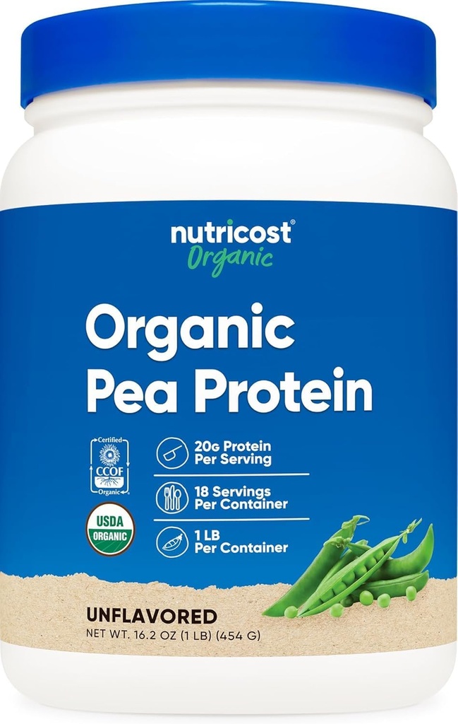 Nutricost Organic Pea Protein Powder (1 LB) Unflavored - Сертифициран USDA Organic, Протеин от растения, Вегетариански Friendly, Gluten Free, Non-GMO