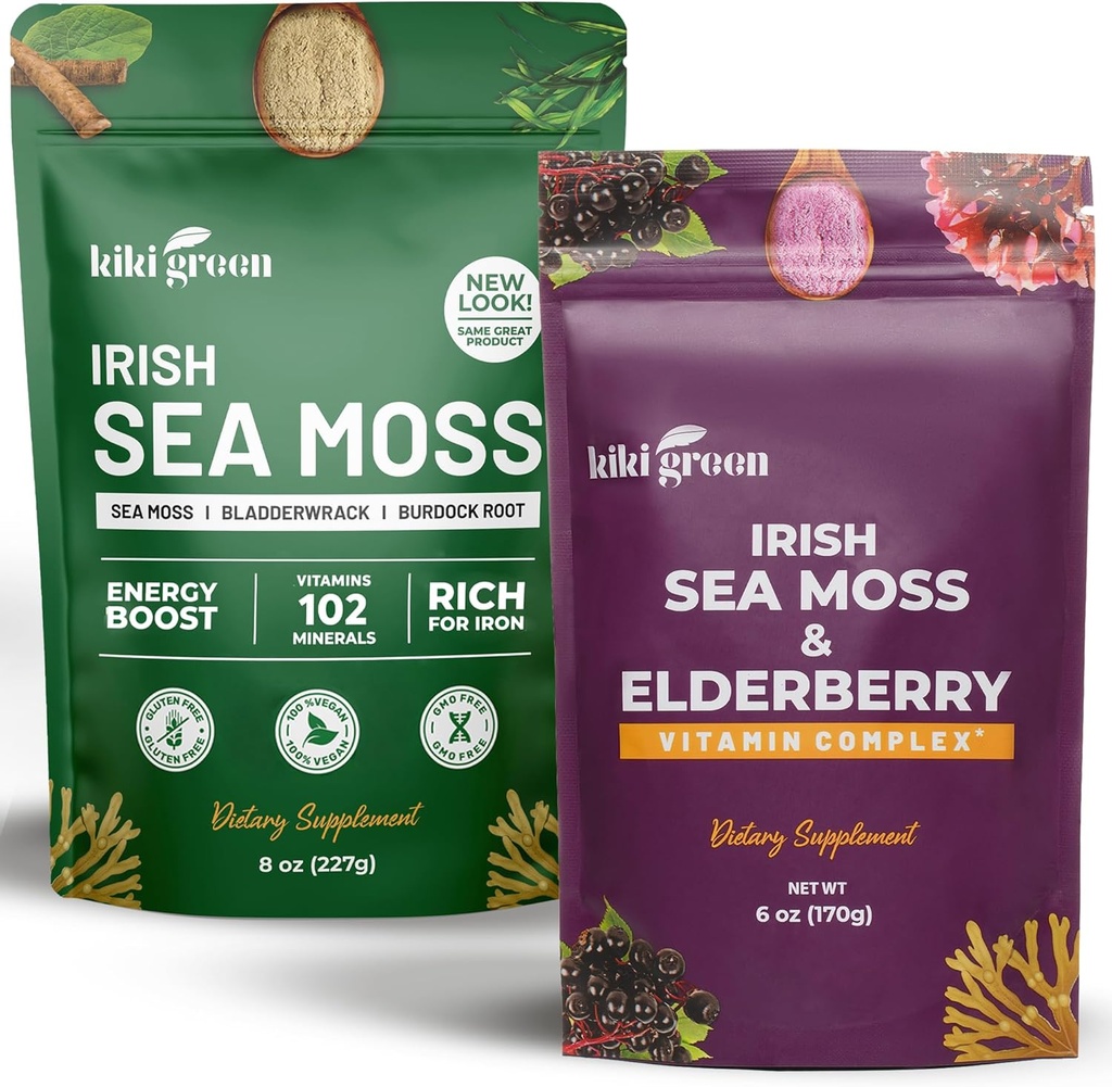 KIKI Green Sea Moss Powder Bundle - Immune Support Superfood Complex 8 oz, 6 oz - Raw Sea Moss, Burdock Root, Bladderwrack, Elderberry Extract - para o impulso de inmunidade, enerxía e apoio á saúde