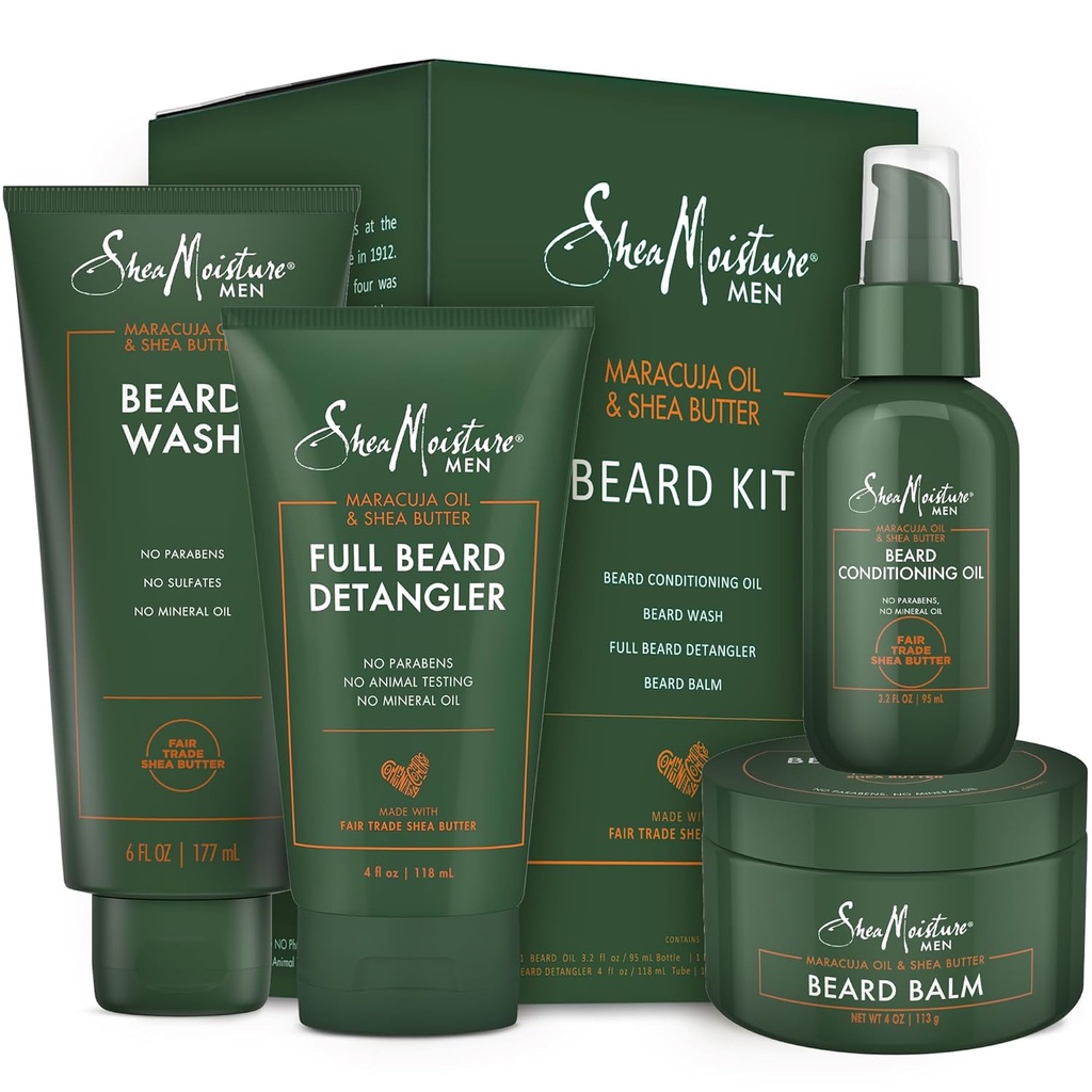 SheaMoisture Beard-Care Kit pour les hommes, comprend lavage, baume, huile, revitalisant, beurre de karité naturel et huile de maracuja, grand cadeau