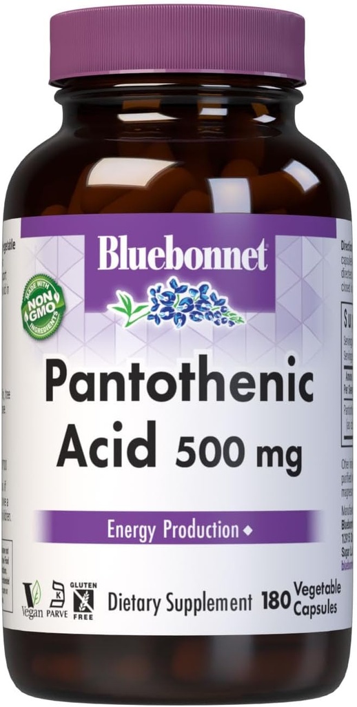 Bluebonnet Panthenic Acid 500 mg Vegetable Capsules, 180 Count