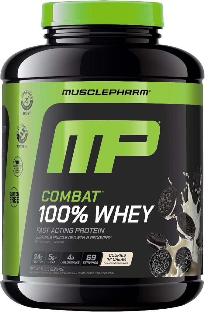 MusclePharm Combat 100% Whey Protein Powder, Cookies ‘N’ Crema Flavor, Fast Recovery & Muscle Gain with Whey Protein Isolate, Polvere proteica alta per le donne e gli uomini, senza glutine, 5 lb, 69 Servings