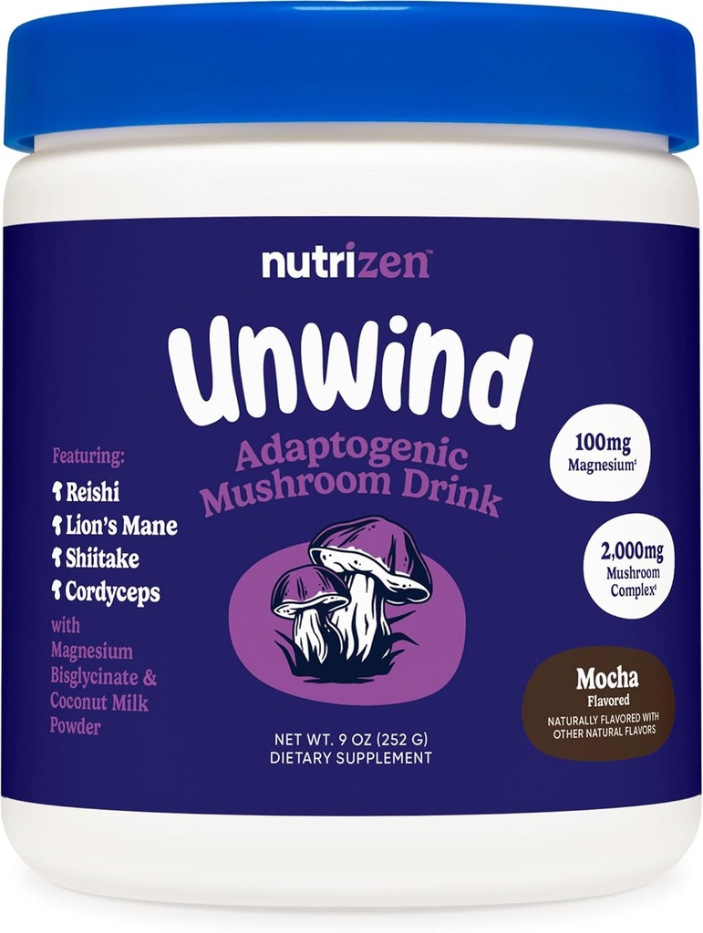 Nutricost Nutrizen PM Unwind Adaptogenic Mushroom Drink (Mocha Flavored) 30 Servings - Includes Reishi, Lion's Mane, Shiitake, Cordyceps