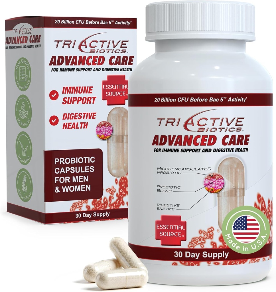 Fuente esencial TriActive Biotics Advanced Care - 20 Billion CFU Probiotics for Digestive Health, Immune Support Supplement, Microencapsulated Probiotics for Women &amp; Men, 30 Ct Capsules