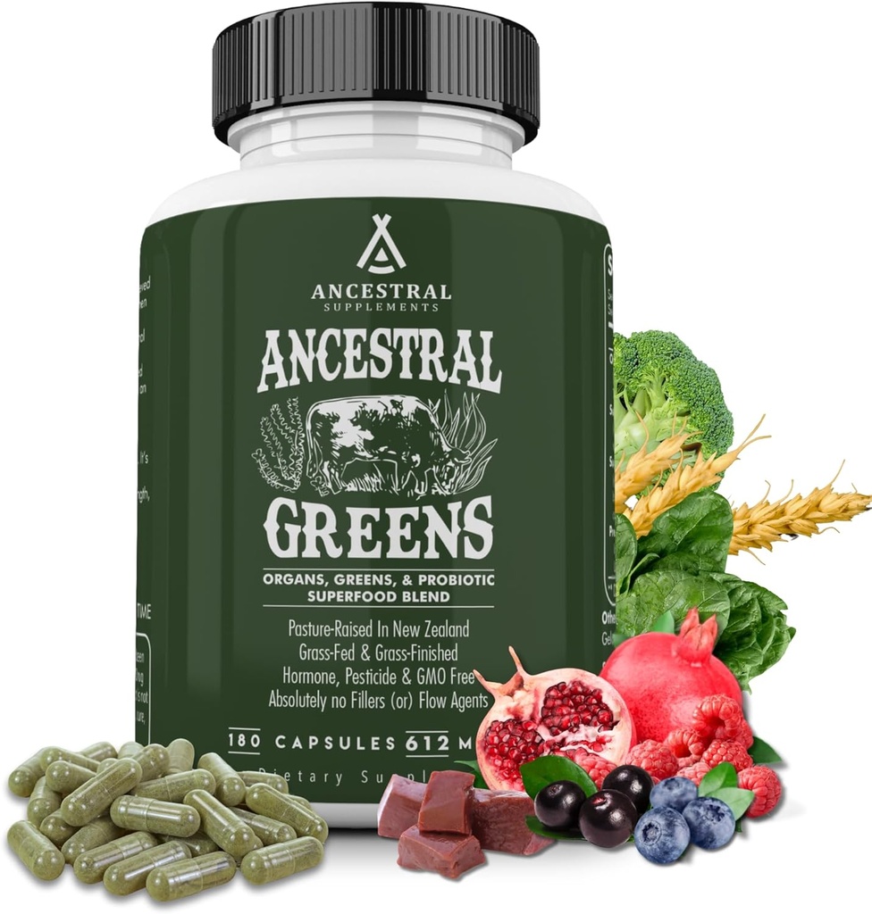 Ancestral Supples Greens Recember Capsoles, Organic Super Foods and Reds Beleds Benedd with Sperula, Chloella, Gras Feded Bef Origins, และ protos for Gut Health, Not GMO, 612mg แต่ละคน, 180 เคานต์
