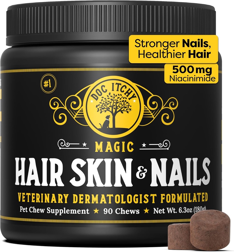 Medical- Strength Hair Skin & Nails Dog Chews - Витамин A Retinol & B3 Ниацинамид за кучета - Омега 3 за кучета - Relieveve Iching, Flaky Skin & Brittle Neaves - 90 дъвчащи
