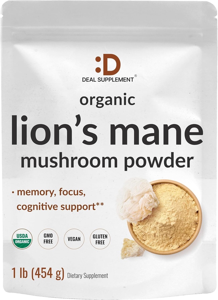 DAL SUPPLEMENTO Organic Lions Mane Mushroom Powder Supplement, 1.500mg Per Serving, 1lb – Active Fruiting Body & Mycelium Extract – Natural Brain Nootropic & Immune System Booster – Non-OGM