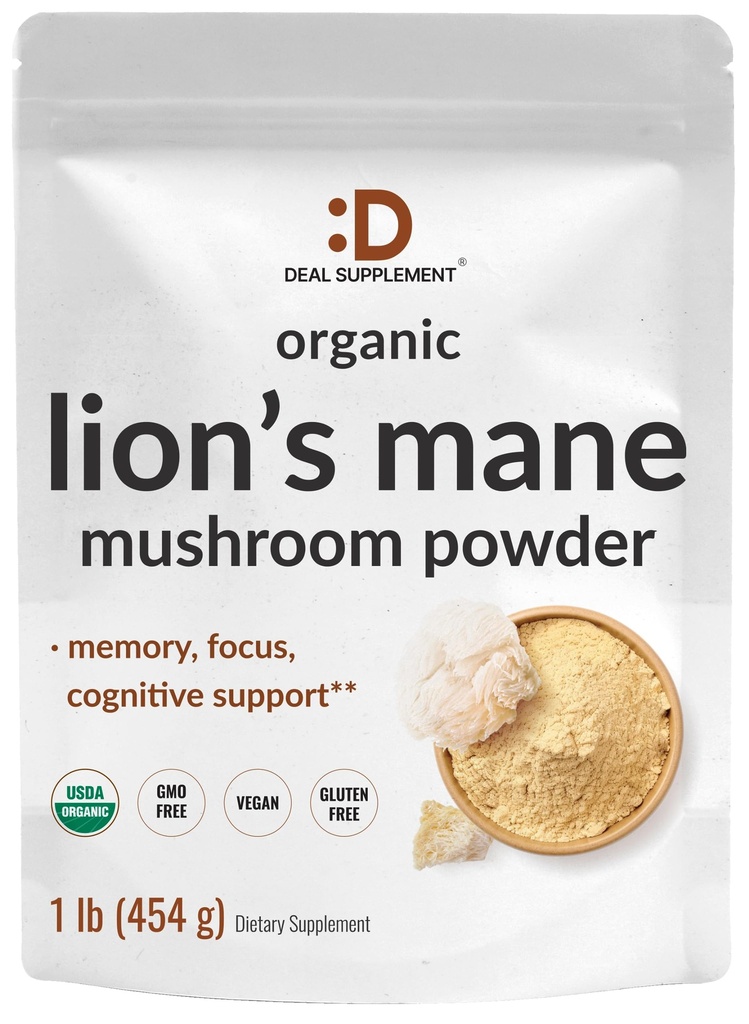 DEAL SUPPLEMENT Organic Lions Mane Mushroom Powder Supplement, 1,500mg Per Serving, 1lb – Active Fruiting Body & Mycelium Extract – Natural Brain Nootropic & Immune System Booster – Non-GMO