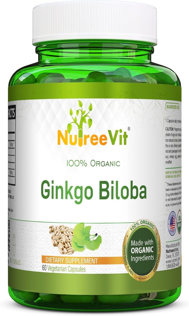 NutheVit 100% Organic Ginkgo Biloba Kapsul - Supports Brain Health, Mental Allency, Circulation, and Increases Memory - Organic Antioksidant - 100 Count Bottle