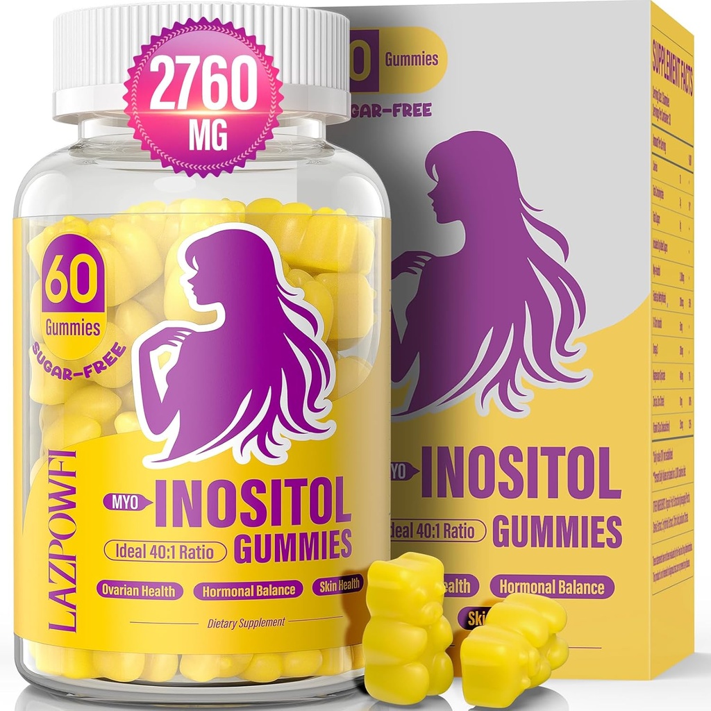 Myo-Inositol & D-Chiro Inositol,Inositol Gummi mit Vitamin D3, Magnesium Glycinat, Omega-3, Folate & Zink, Inositol Supplement Menstrual Cycle für Frauen-40:1 Ratio-30 Day Supply