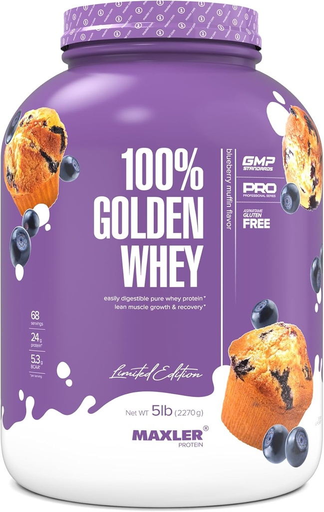 Maxler 100% Golden Whey Protein - 24g Protein per servering - Premium Whey Protein Powder för Pre Post Workout - Fast-Absorbing Whey Concentrate, Isolate & Hydrolysate Blend - Blueberry Muffin 5 lb