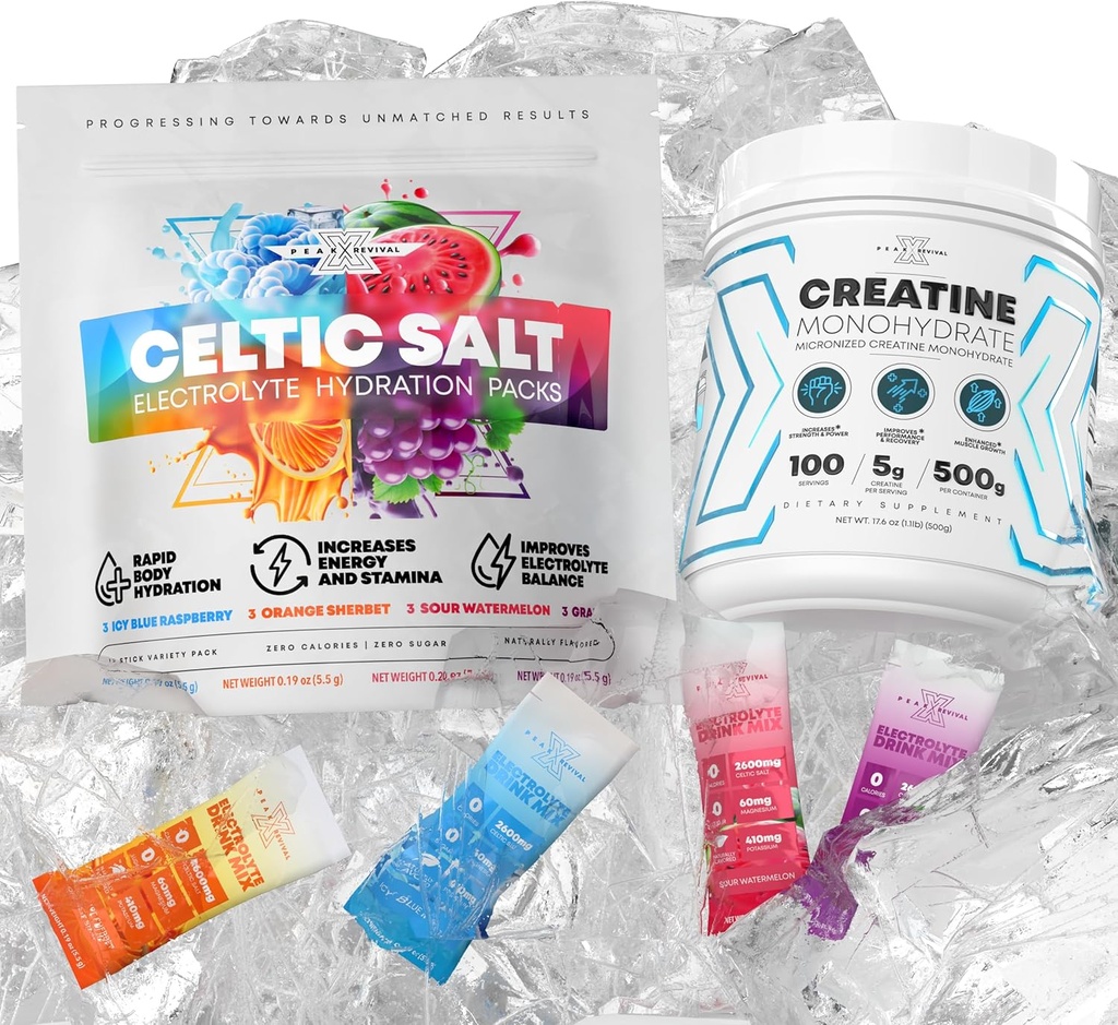 Micronized Creatine Monohydrate Powder + Electrolite Powder Pack - Celtic Salt Variety Pack (12 Paket)