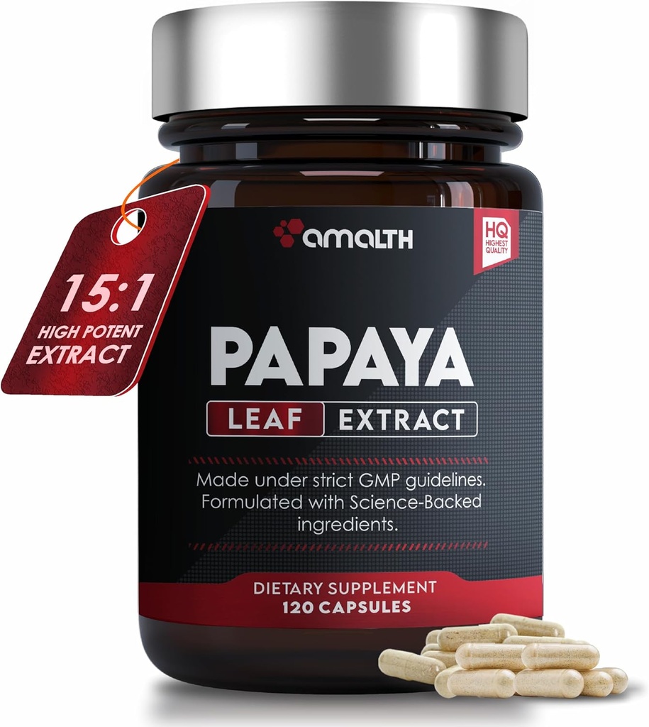Papaya Leaf Extreu el Digestidor Enzymes 1000mg, 10x Potència 120 Veg Capules- Platelet de sang, Bone Marrow i Spleen support, Digestive i Imunity Implementació de la Imunity Desenvolupat als EUA per Amalth