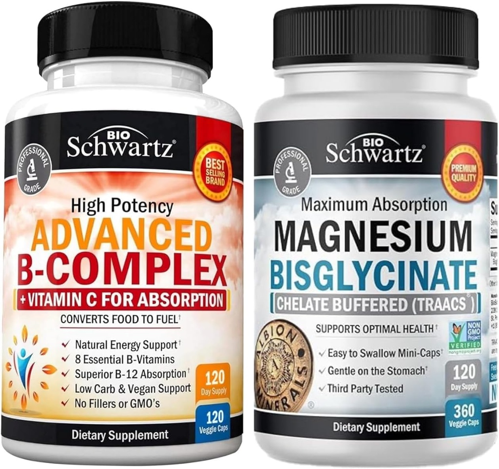 Vitamin B Komplex mit Vitamin C (4 Monate Versorgung) Plus Hohe Absorption Magnesium Bisglycinat Kapseln (4 Monate Versorgung)