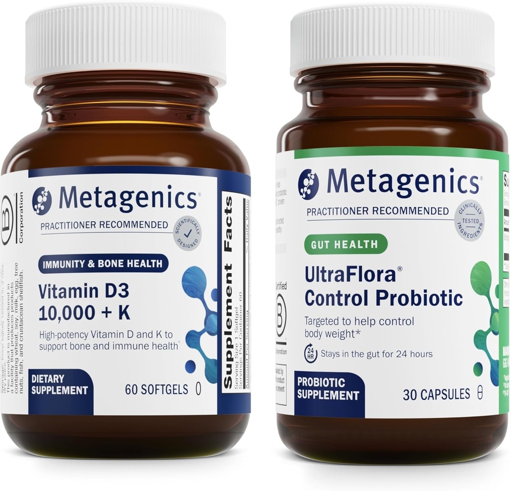 Metageenit D3-vitamiini 10 000 + K (60 Softgels) & UltraFlora Control Probiootti (30 Servings) - Tukee Bone & Heart Health - Aids Terve kehon koostumus