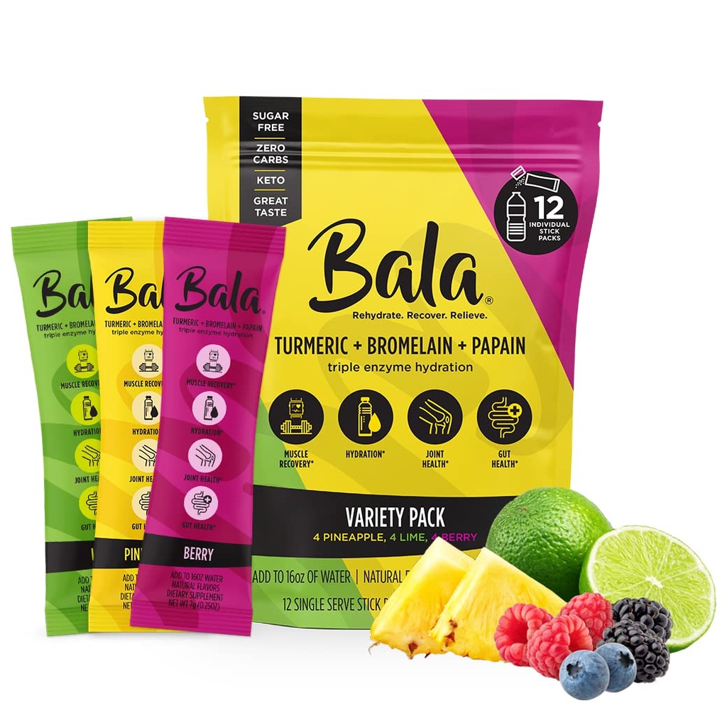Bala Enzyme Hydration & Sugar-Free Drink Mix - Куркума, Бромелайн, Папаин - Имунитет, Мобилност - сортов пакет 0.25oz (12 броя)