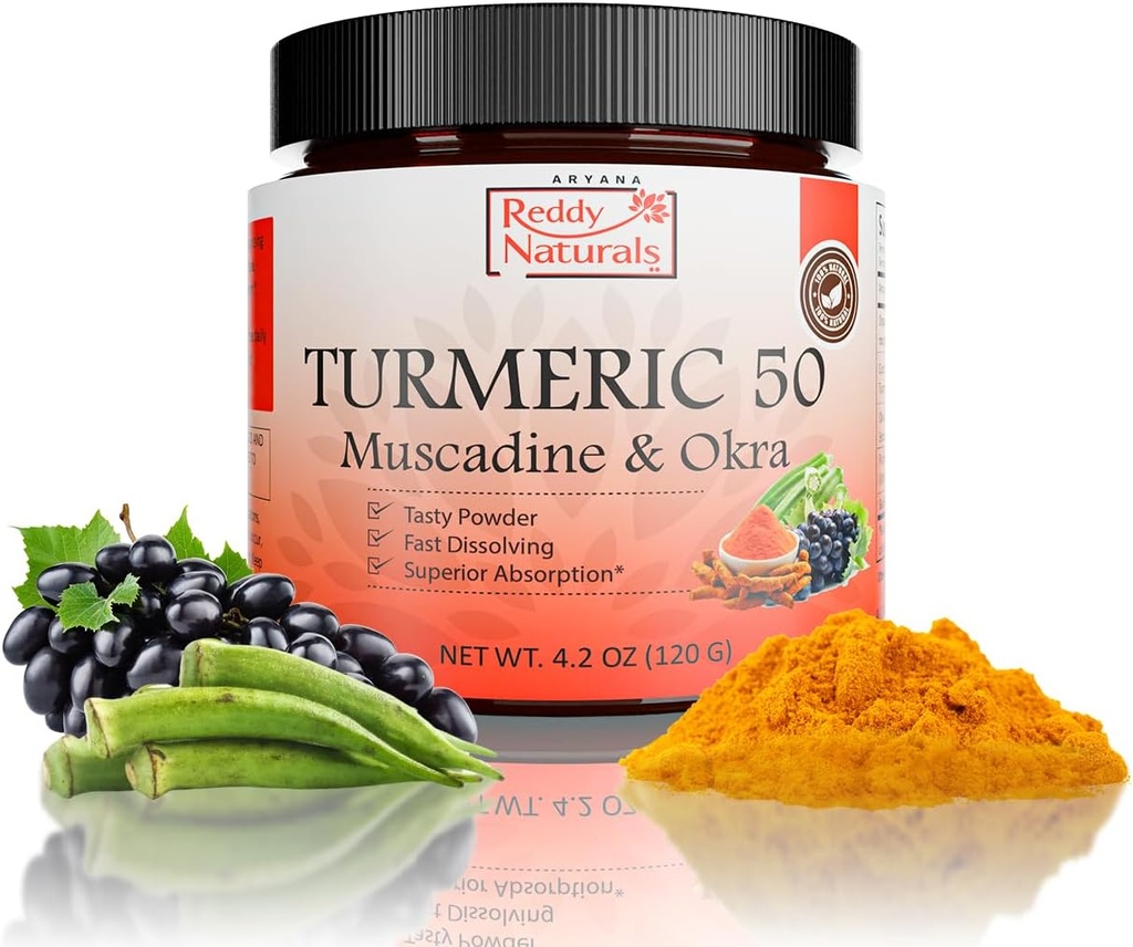 Reddy Naturals Aryana Turmeric 50 - Muscadine Grape & Okra와 유기농 심황 보충 분말 - 매일 웰빙을위한 식물 기반 공식 - 30 서빙