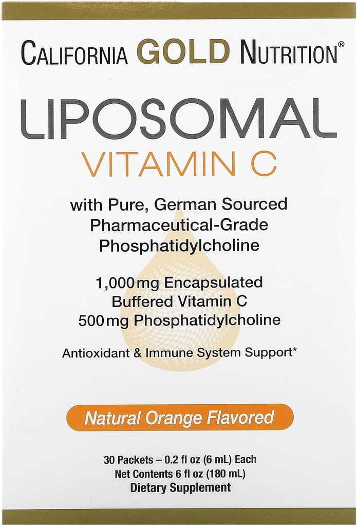 Liposomal Vitamin C av California Gold Nutrition - Liquid Supplement för Antioxidant & Immune Support - Vegan Friendly - Gluten Free, Non-GMO - 1000 mg - 30 Packets - Natural Orange Flavor