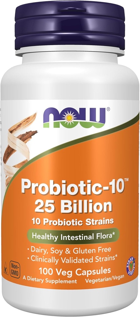 NOW Хранителни добавки, Probiotic-10TM, 25 милиарда, с 10 пробиотични щама, млечни продукти, соя и глутен безплатно, щам Verified, 100 Veg капсули