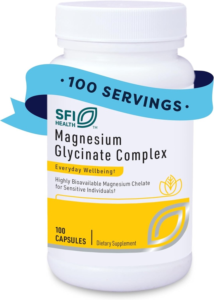 Klaire Labs SFI Health Magnésium Glycinat Complex - Mélange de magnésium chélaté pour l'absorption optimale - Soutient des os, des muscles et des niveaux d'énergie sains - Doucement sur la digestion (100 capsules)