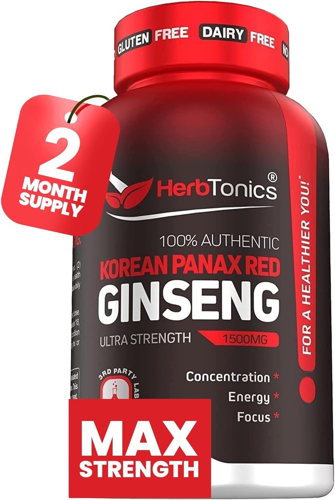 Herbtonics Korea Red Panax Ginseng 1500mg - Suplemen Energi untuk Performance Peak, Fokus & Vitalitas - Potensi Tinggi Ekstrak Root Ginseng - 120 Vegan Capsules