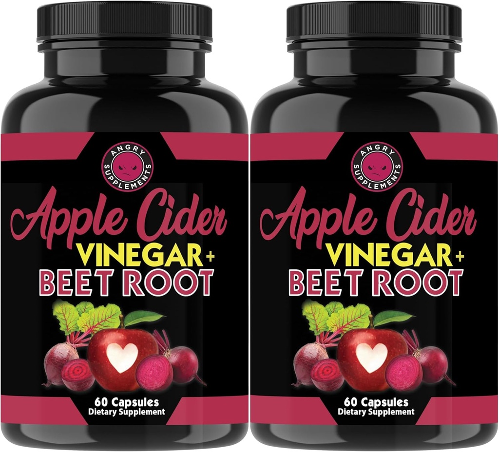 Angry Supplements Apple Cider Vinegar + Beet Root Powder Capsules, Pure ACV Beetroot 1000mg per Servering, Nitric Oxide Booster & Digestive Health för män och kvinnor 60ct, 2 Pack (120ct Total)
