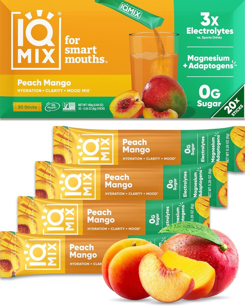IQMIX Hydration Electrolyte Powder - 4- in-1 Formule pro hydrataci, duševní jasnost, nálady a zotavení - Sugar- Free Drink Mix, Keto, Magnesium L- Threonát, Lion 's Mane - 20 Count Peach Mango
