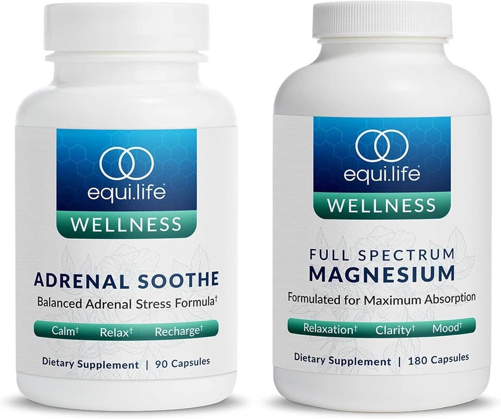 Equilife Full Spectrum Magnesium (180 ct.) en Adrenal Soothe (90 caps) Bundle Mood & Energy Support Supplement, Vegan, Non-GMO