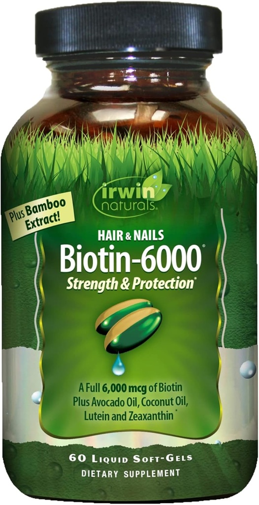 Irwin Naturals Biotin-6000 Suporta pele saudável, cabelo e unhas - 60 líquidos Softgels - Força + Proteção com alta potência 6000 mcg, bambu, abacate, coco e mais - Absorção máxima