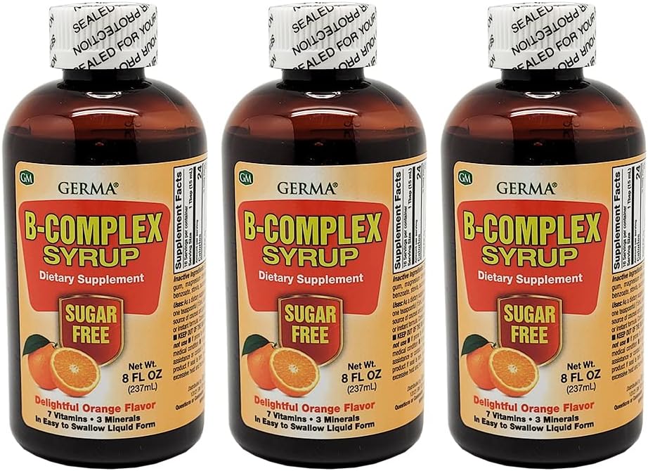 Germa B-Complex Syrup. Dietary Supplement. Bone Health, Growth and Development Aid. Sugar Free. Orange Flavor. 8 oz. Pack of 3