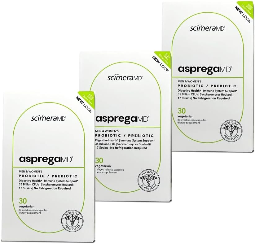 Asprega 30CT - Probiotic + Prebiotic Supplement | 17 Strains, 35 Billion CFU | 지연 릴리즈 | Saccharomyces Boulardii | 남성용| ScimeraMD, 3-Pack