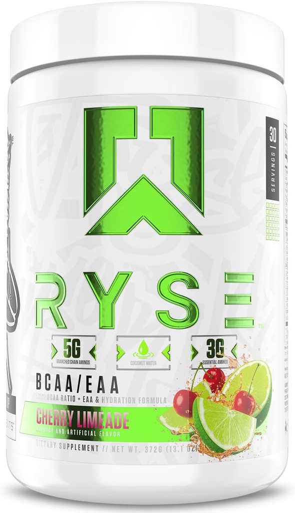 RYSE BCAA EAA Powder - Cherry Limeade - 5g Haaraketju Aminohapot, 3g Essential Aminos, Sokerittomia Electrolyyttejä pre &amp; post harjoitus Lihasten Recovery, nesteytys ja vahvuus - 30 Servings