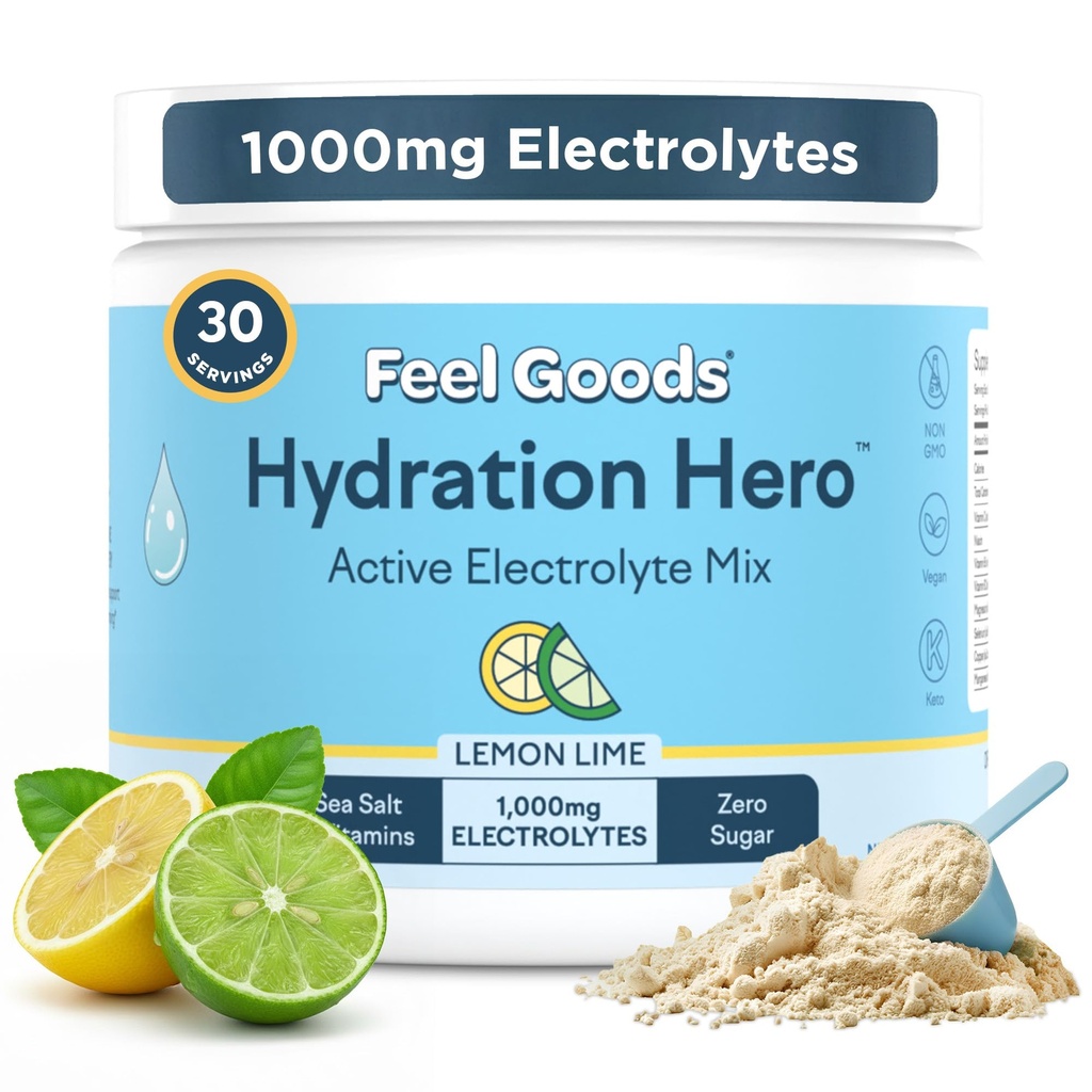 Feel Goods Hydration Hero, Sugar-Free Electrolyte Powder for Daily Hydration - Electrolytes Drink Mix with Magnesium, Potassium & Vitamins for Fasting & Energy - Keto, Vegan & Organic Flavors