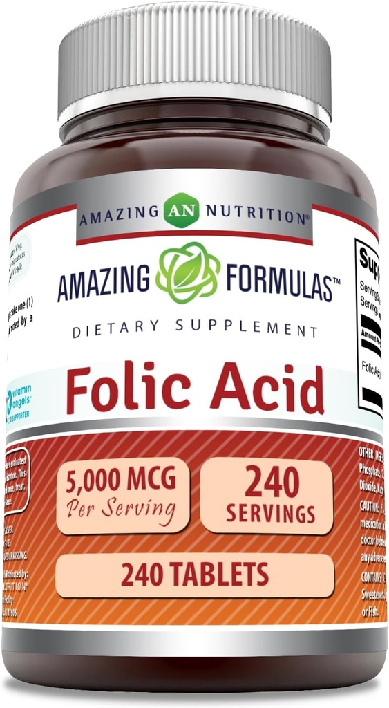 Erstaunliche Formeln Folic Acid Supplement | 5000 Mcg | Tablets | Non-GMO | Gluten Free | Made in USA (240 Count)