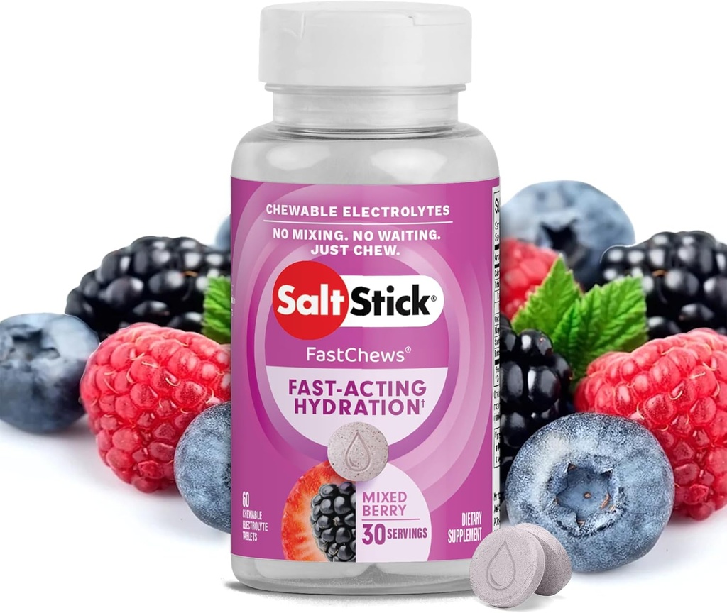 SaltStick Electrolyte FastChews - 60 vegyes Berry rágóelektrolitok - Sós tabletta futásra és hidratálásra, Elektrolyte sajtok - 60 gróf