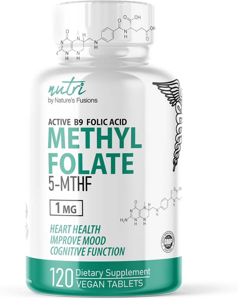 Nature's Fusions Nutri 5-MTHF L Methylfolate 1MG - 4 месяца поставки, 120 веганских таблеток - Метилированная добавка фолата - Когнитивная функция, здоровье сердца, пренатальная поддержка - Метилированная фолиевая кислота