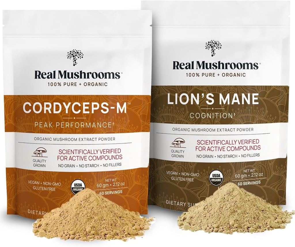 Lions Mane (60g) i Cordyceps (60g) Cumake Paowder Paquet - Munsh room suplementari per a Cognition, Energia i finalance