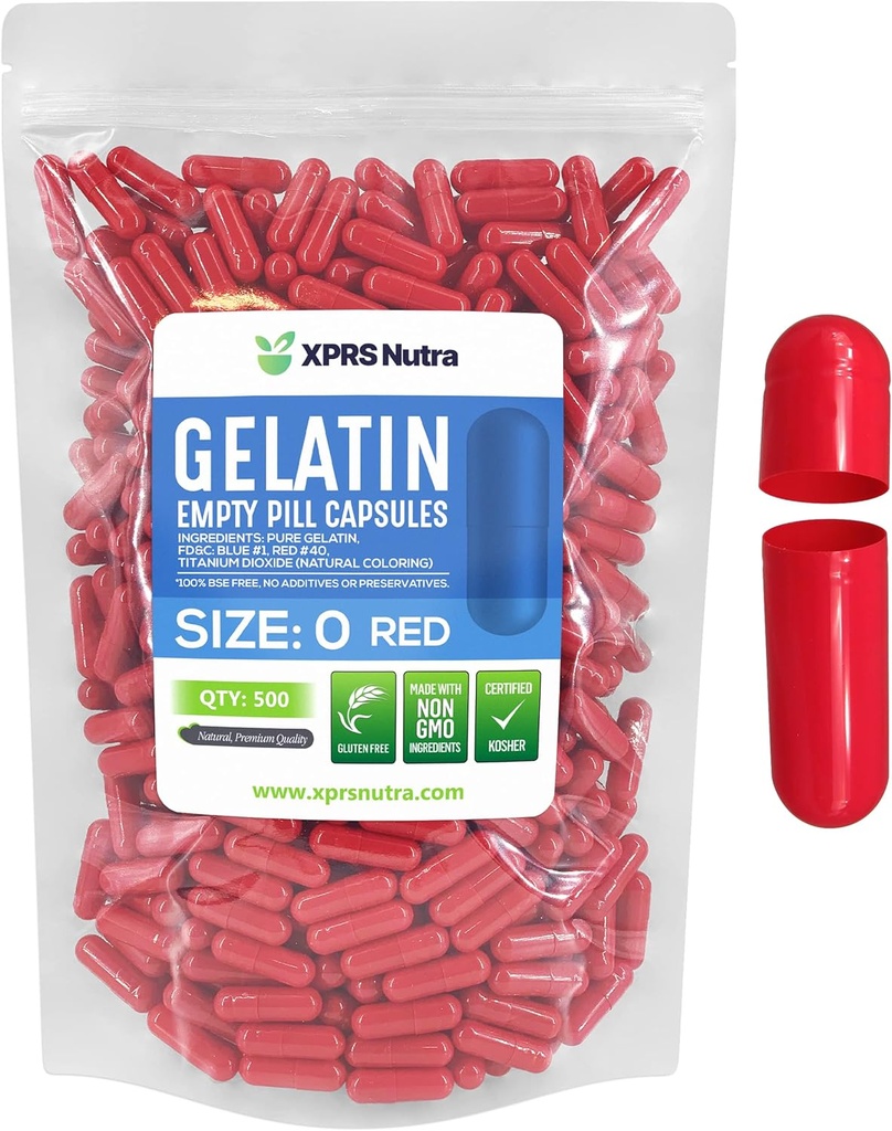XPRS Nutra Taille 0 Capsules vides - 500 Compte Capsules de gélatine vides - Pills DIY Capsule Remplissage - Pure bouchons de gel de pilules rempliss pour les suppléments Do-It-Youlf (Rouge)