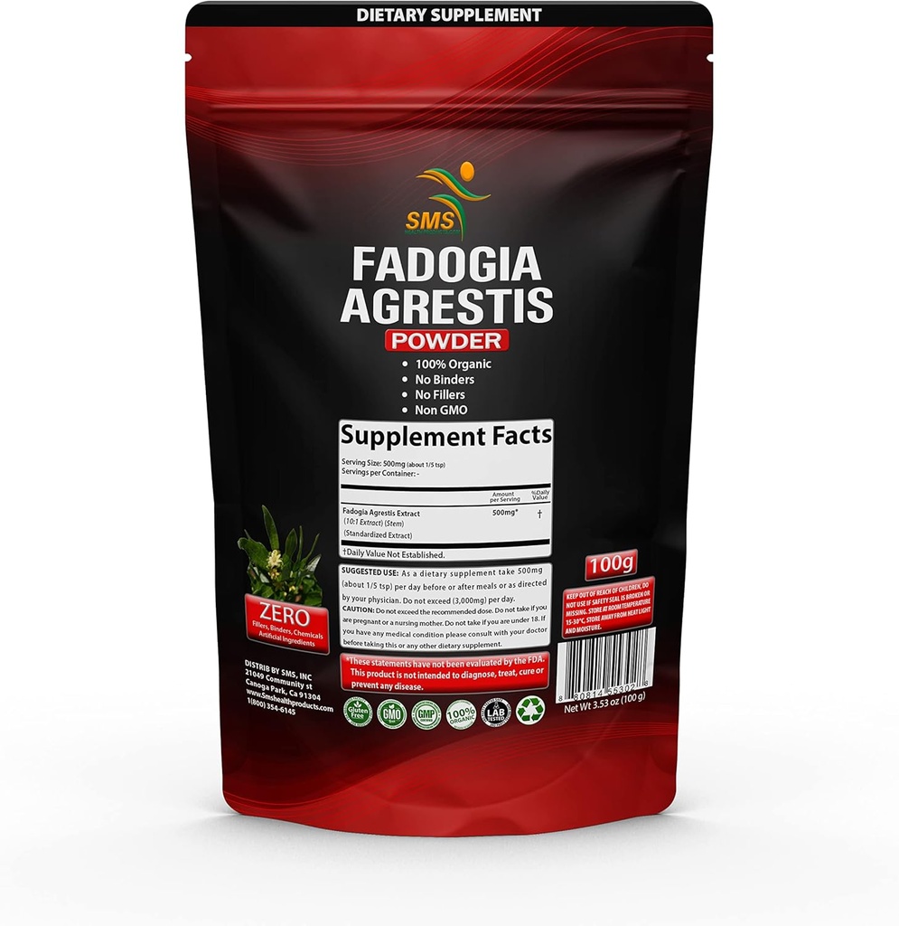 Fadogia Agrestis Extract Powder (Força Máxima) Suporta desempenho atlético, força, unidade, orgânico, não OGM, terceiro partido testado, suplemento sem glúten, 100g